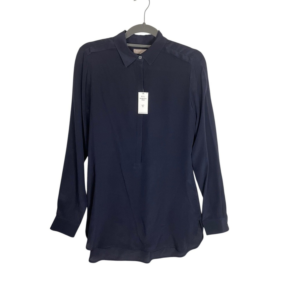 Banana Republic Small Tall NWT Navy Blue 100% Silk Tunic Blouse Quiet Luxury